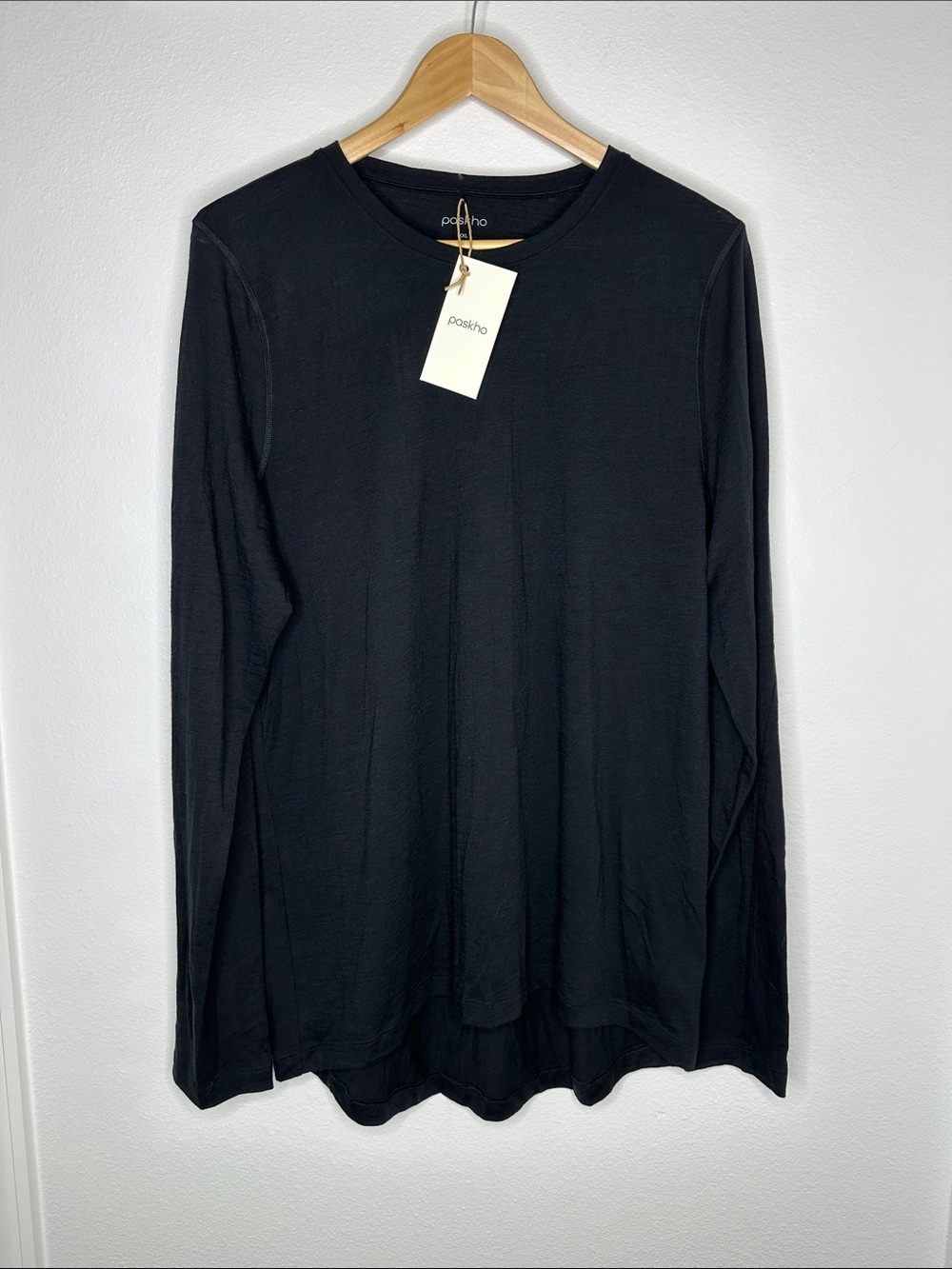 PASKHO XXL 100% MERINO WOOL Black Long Sleeve Crewneck Shirt Breathable, FLAW